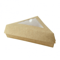 Boîte pâtissière triangulaire carton brun/blanc avec couvercle à fenêtre